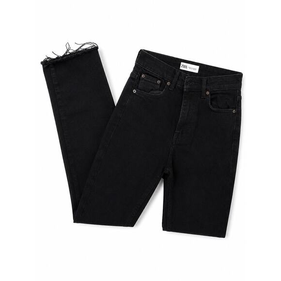 Zara Denim - Zara Black Coated Straight Leg Jeans Frayed Hem Size US 2 EU 34 High Rise
